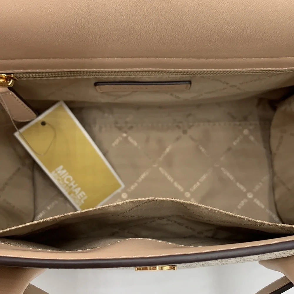 MICHAEL KORS Carmen Medium Color-Block Logo Satchel color Buff Multi
